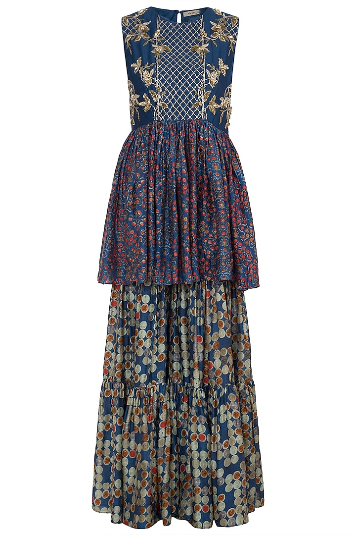 Blue Hand Embroidered Printed Peplum Top With Sharara Pants by NE'CHI