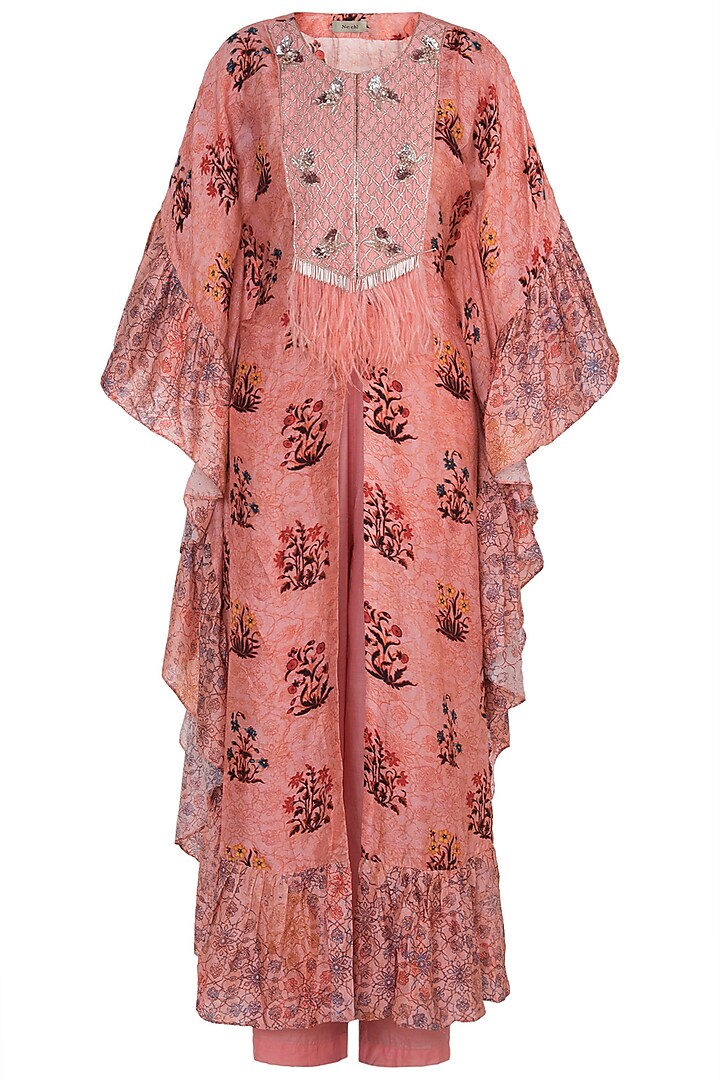 Blush Pink Embroidered Printed Kaftan With Pants by NE'CHI
