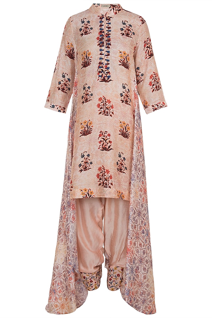 Peach Embroidered Printed Printed Tunic With Dhoti Pants by NE'CHI