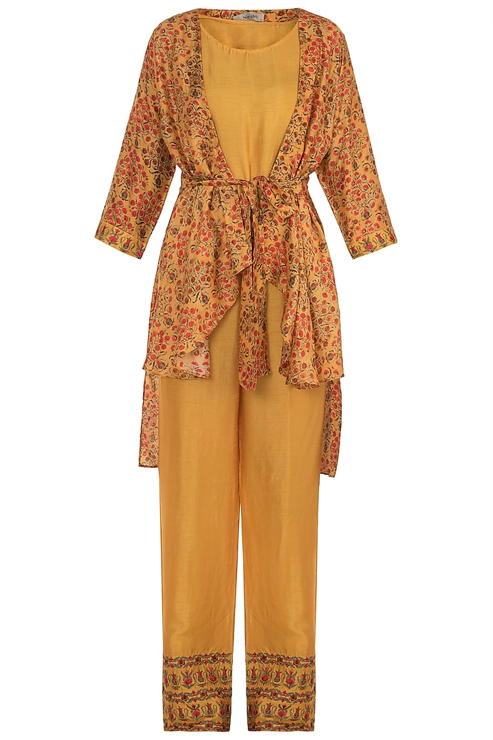 Mustard Embroidered Printed Cape With Top & Pants Design by NE'CHI at ...