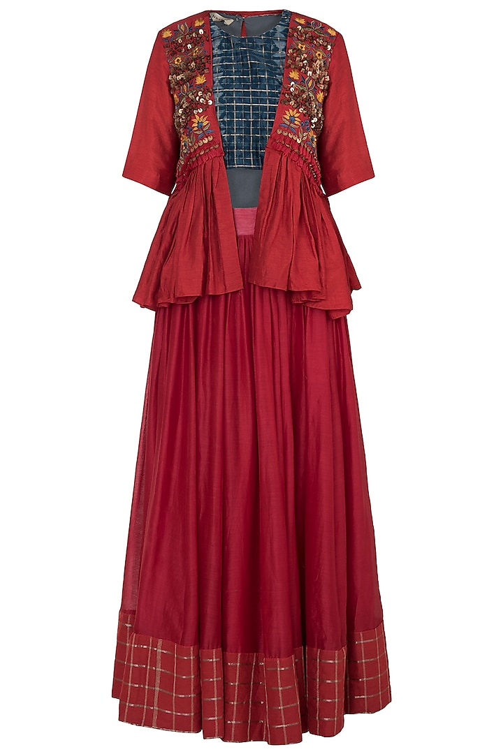 Red Embroidered Peplum Jacket With Blouse & Skirt by NE'CHI