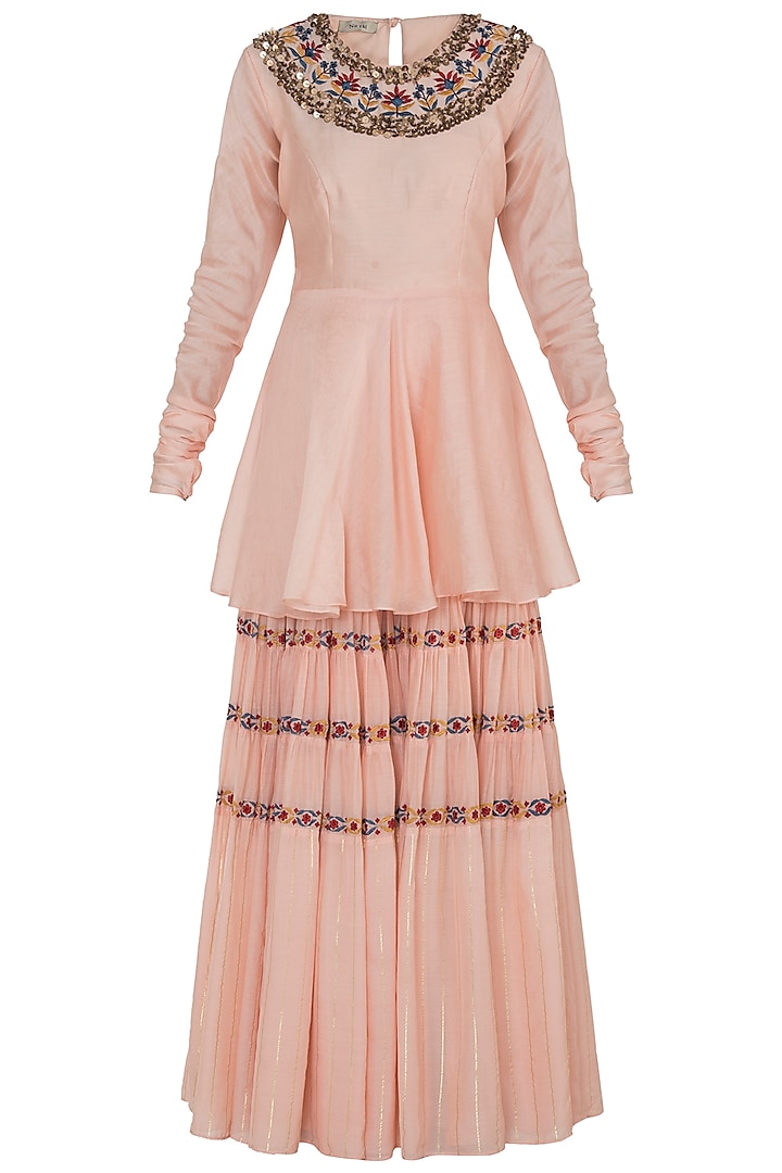 Peach Embroidered Peplum Top With Sharara Pants by NE'CHI