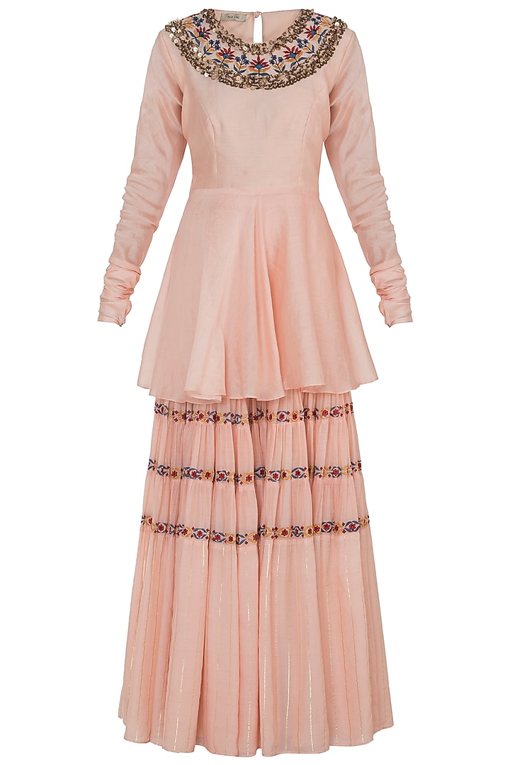 Peach Embroidered Peplum Top With Party Wear Sharara Pants by NE'CHI at Pernia's Pop Up Shop