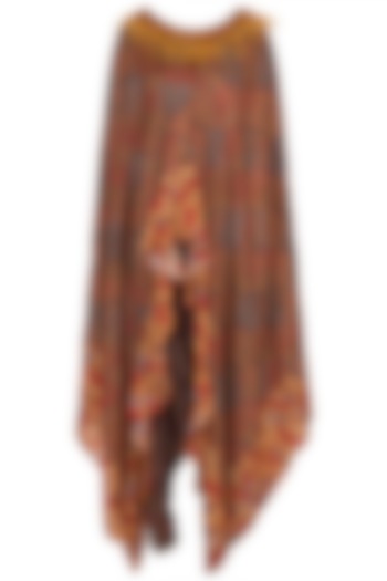 Brown Embroidered Printed Cape With Dhoti Pants & Bustier by NE'CHI