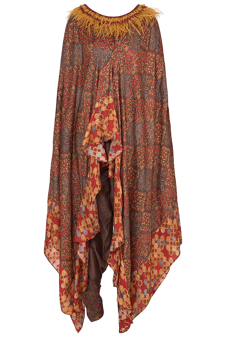 Brown Embroidered Printed Cape With Dhoti Pants & Bustier by NE'CHI