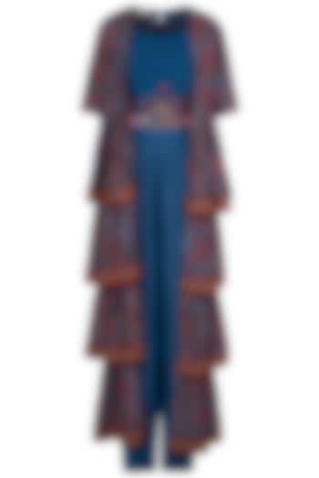 Blue Crop Top With Pants & Embroidered Printed Cape by NE'CHI