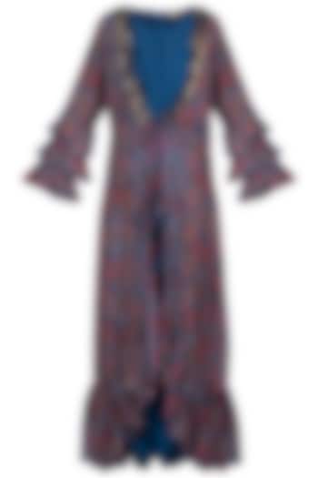 Blue Jumpsuit With Embroidered Printed Cape by NE'CHI