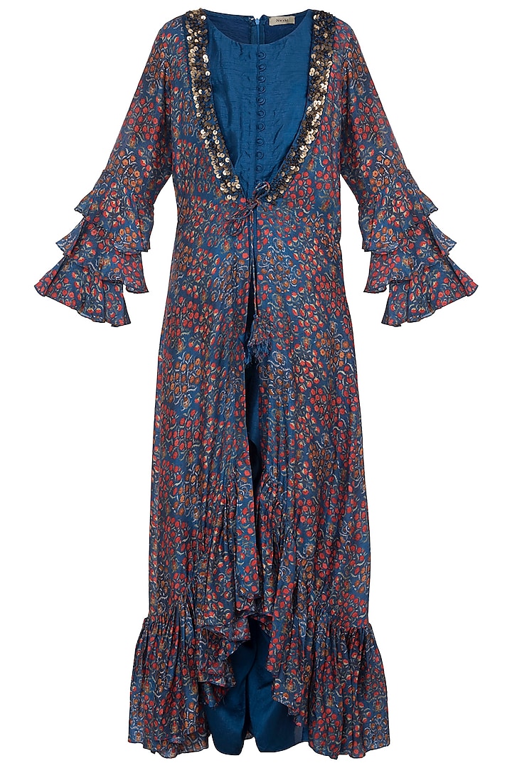 Blue Jumpsuit With Embroidered Printed Cape by NE'CHI
