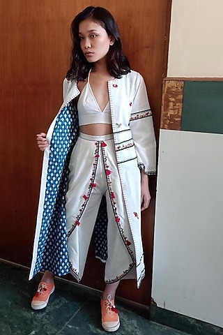White Embroidered & Printed Kimono by Nika