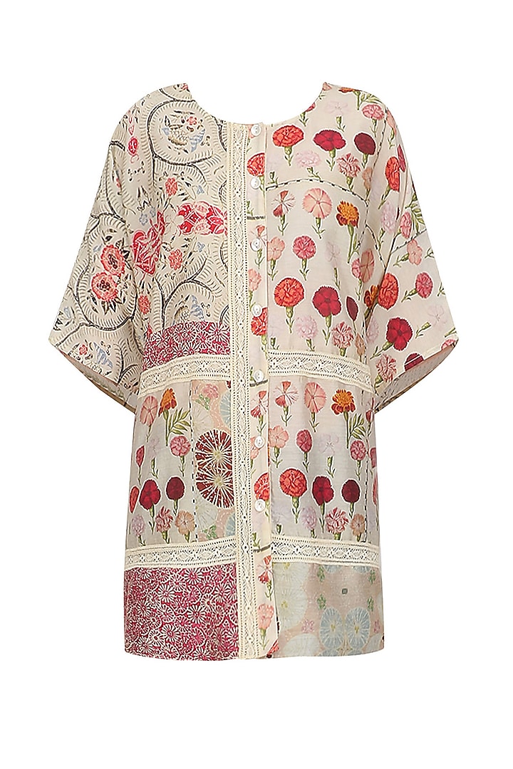 Pink and Ivory Floral Printed Kimono by Niki Mahajan