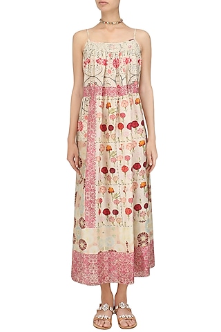 Ivory Vintage Floral Print Strappy Dress by Niki Mahajan