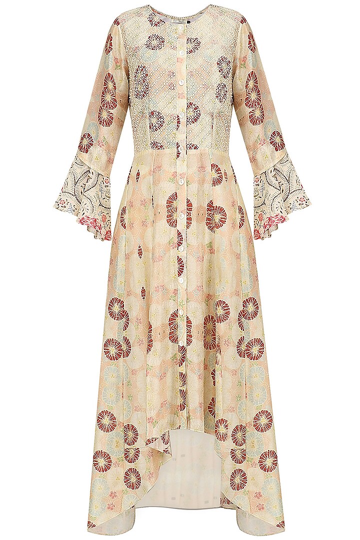 Ivory Vintage Floral Print High Low Dress by Niki Mahajan