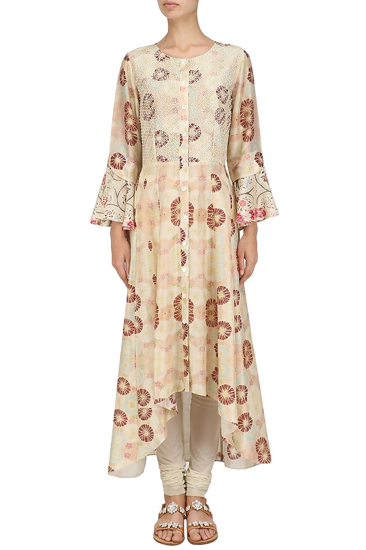 Ivory vintage floral print high low dress available only at Pernia's Pop Up Shop.