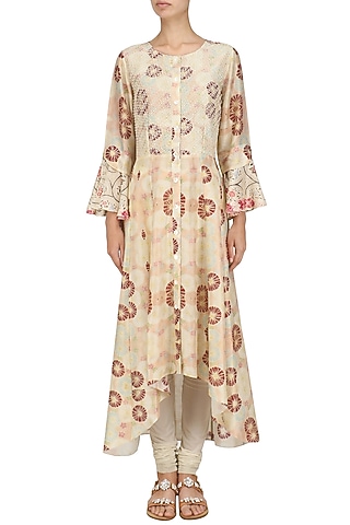 Ivory Vintage Floral Print High Low Dress by Niki Mahajan