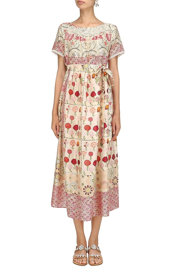 Ivory vintage floral print mid length half dress available only at Pernia's Pop Up Shop.