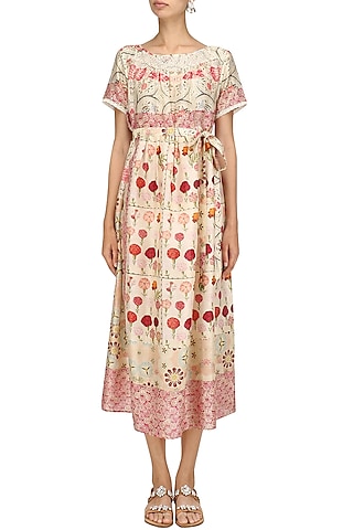 Ivory Vintage Floral Print Mid Length Half Dress by Niki Mahajan