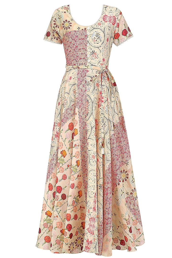 Ivory Vintage Floral Print Long Dress by Niki Mahajan