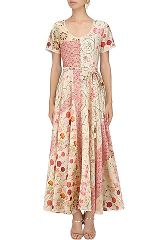 Ivory Vintage Floral Print Long Dress by Niki Mahajan