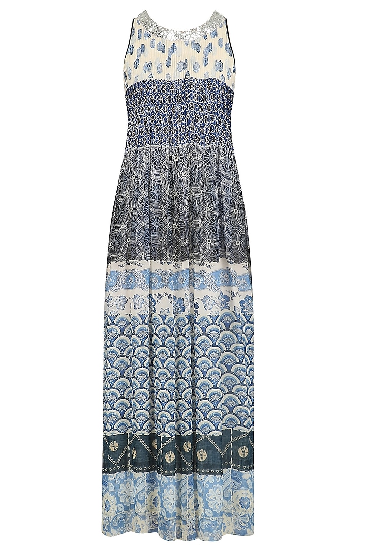 Blue Vintage Print Tiered Dress by Niki Mahajan