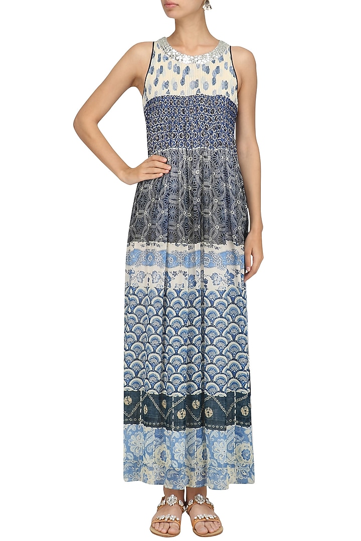 Blue vintage print tiered dress available only at Pernia's Pop Up Shop.