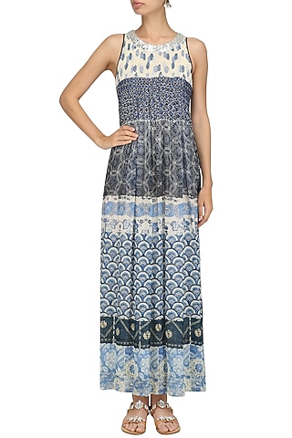 Blue Vintage Print Tiered Dress by Niki Mahajan