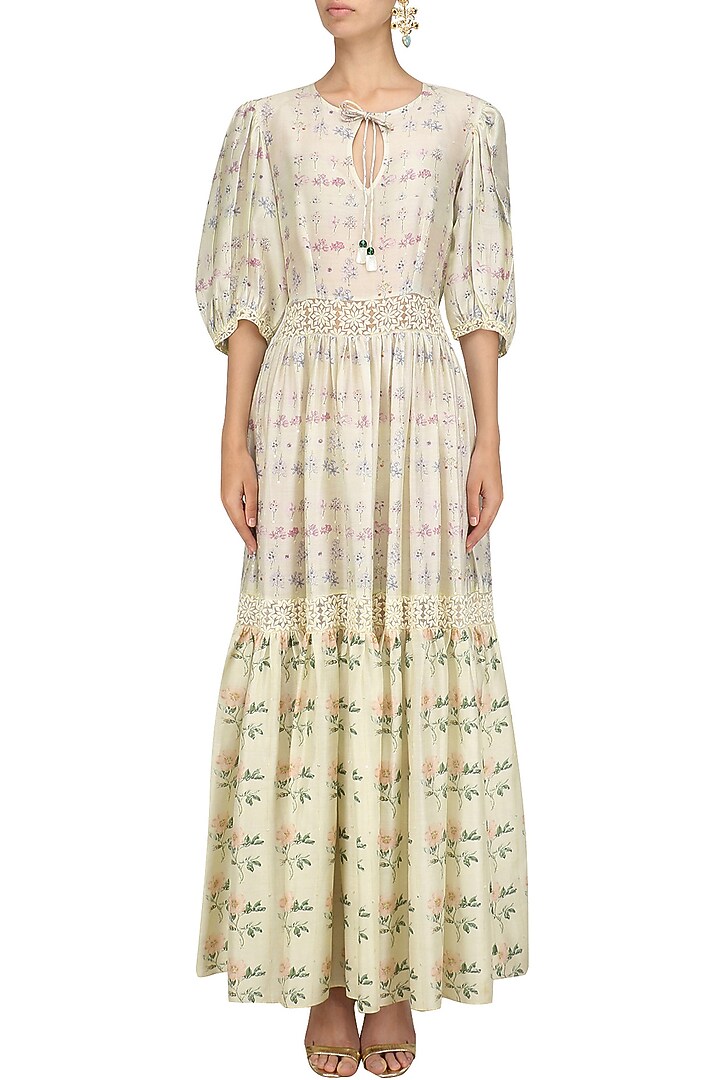 Ivory and pink floral printed tiered dress available only at Pernia's Pop Up Shop.