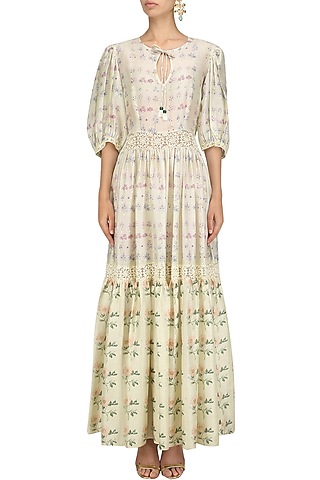 Ivory and Pink Floral Printed Tiered Dress by Niki Mahajan