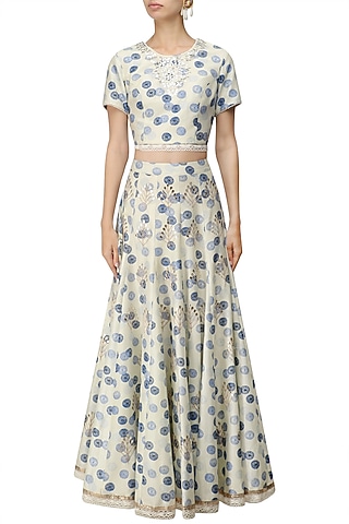 Ivory and Blue Printed Crop Top and Skirt Set by Niki Mahajan