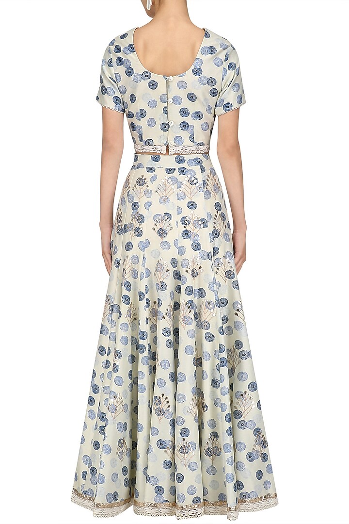 Ivory and blue printed crop top and skirt set available only at Pernia's Pop Up Shop.