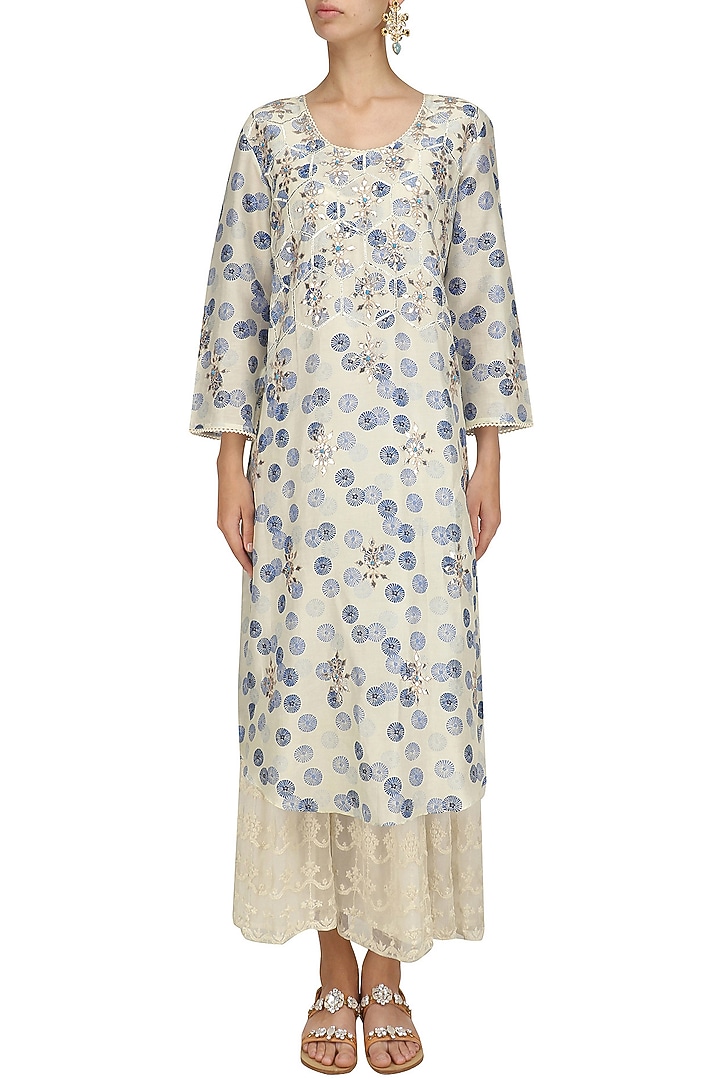 Ivory vintage printed long kurta and skirt set available only at Pernia's Pop Up Shop.