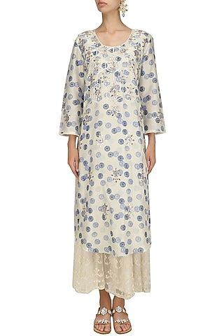 Ivory Vintage Printed Long Kurta and Skirt Set by Niki Mahajan