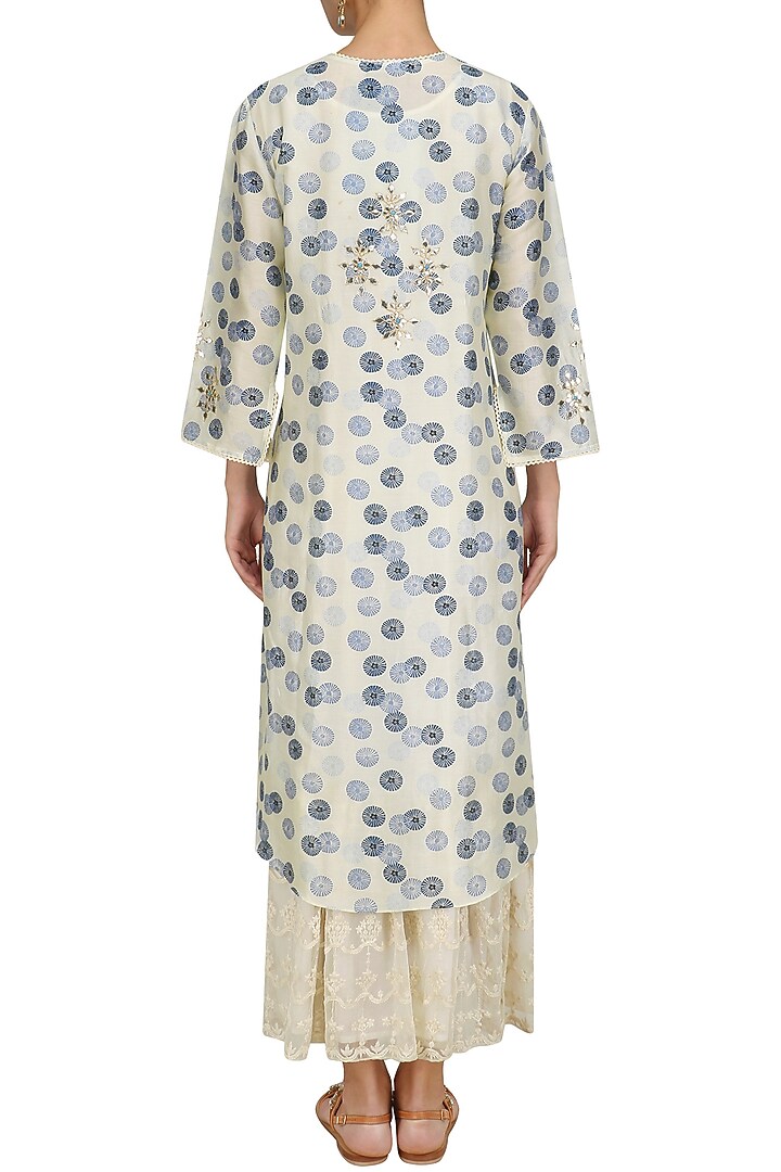 Ivory vintage printed long kurta and skirt set available only at Pernia's Pop Up Shop.