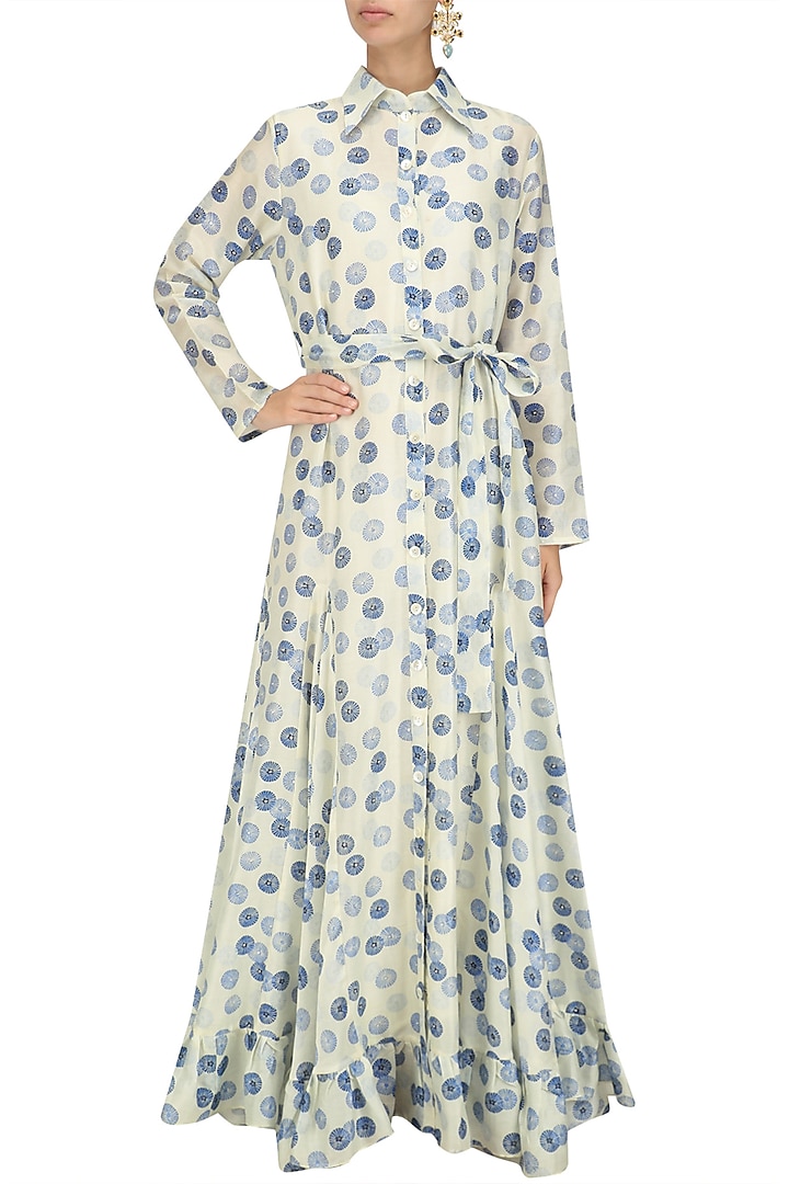 Ivory vintage shibori printed shirt dress available only at Pernia's Pop Up Shop.