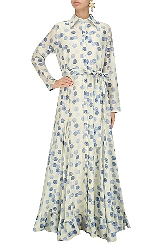 Ivory Vintage Shibori Printed Shirt Dress by Niki Mahajan