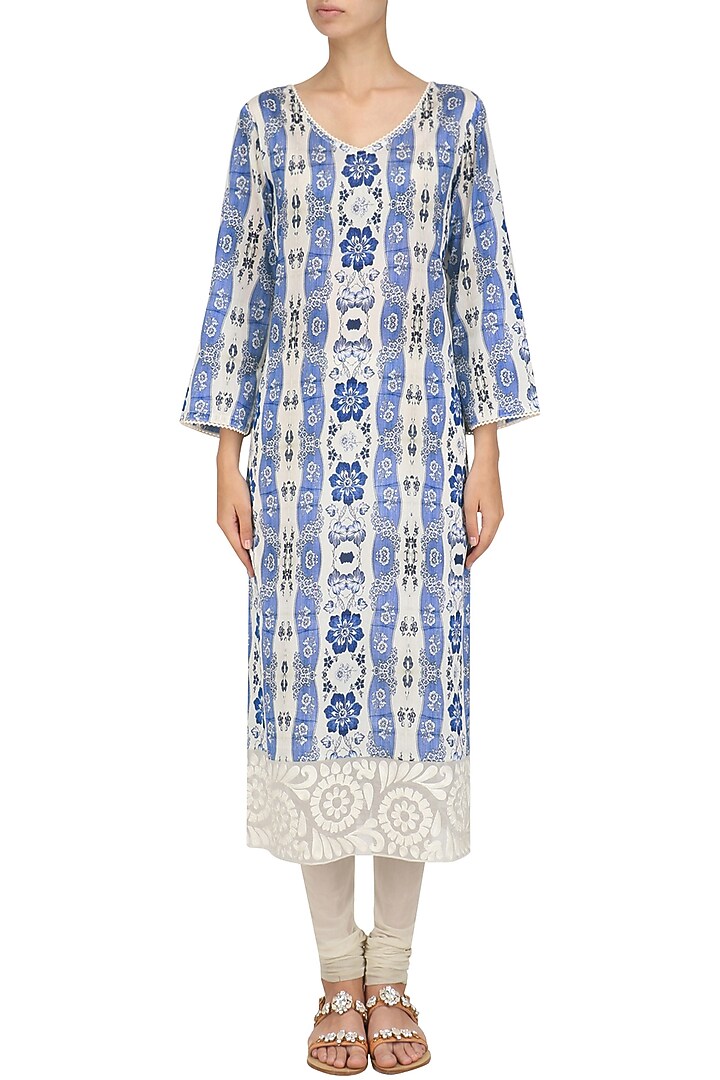 Blue vintage print long kurta available only at Pernia's Pop Up Shop.
