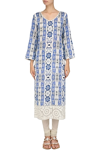 Blue Vintage Print Long Kurta by Niki Mahajan