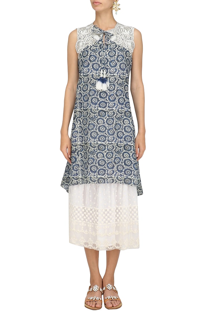 Blue embroidered asymmetric long tunic available only at Pernia's Pop Up Shop.