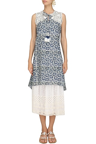Blue Embroidered Asymmetric Long Tunic by Niki Mahajan