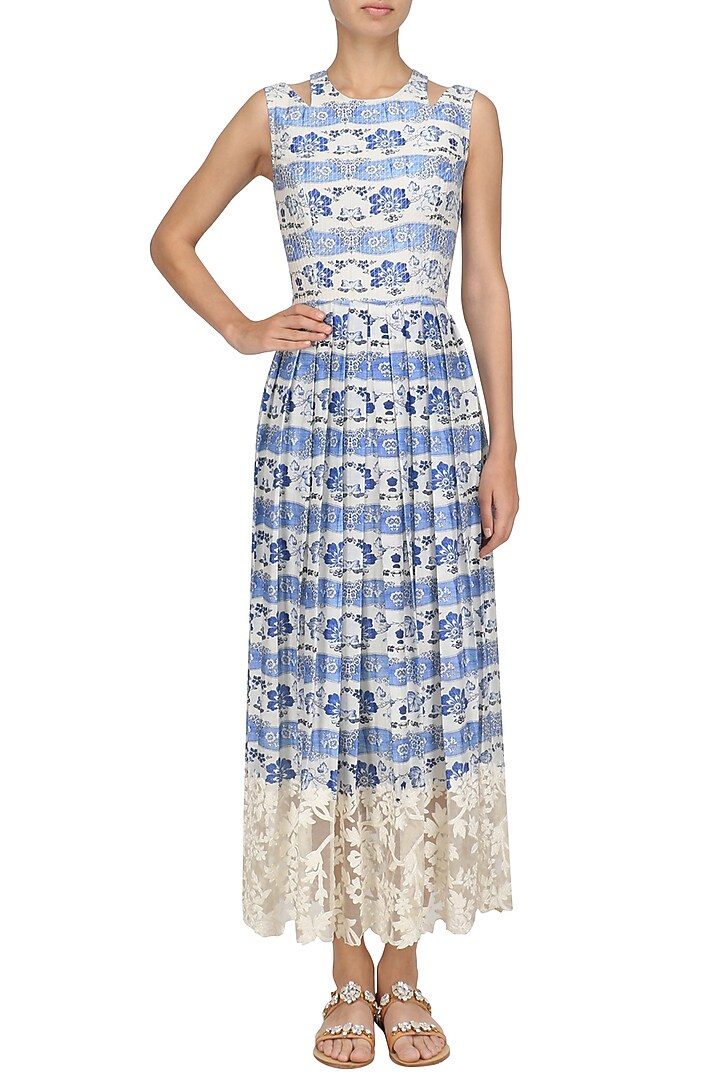 Blue thread embroidered long dress available only at Pernia's Pop Up Shop.