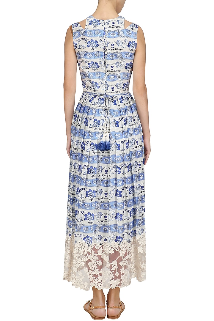 Blue thread embroidered long dress available only at Pernia's Pop Up Shop.