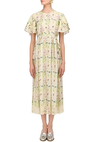 Ivory Vinatge Floral Printed Ankle Length Dress by Niki Mahajan