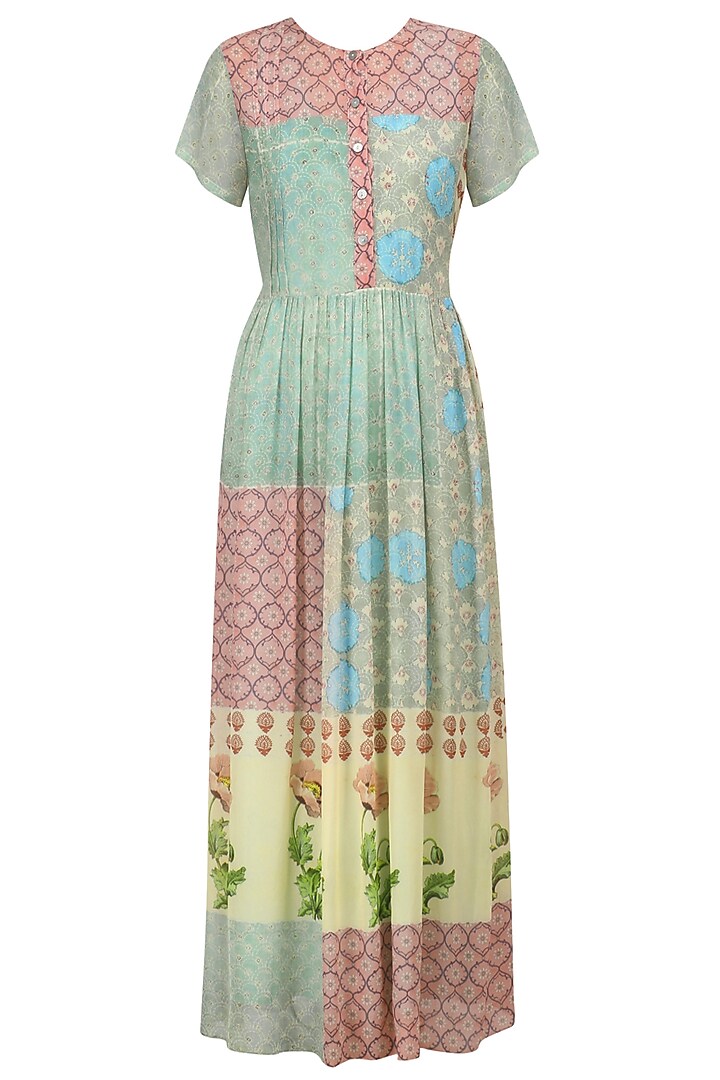 Pink and Blue Vintage Print High Low Drop Waist Dress by Niki Mahajan