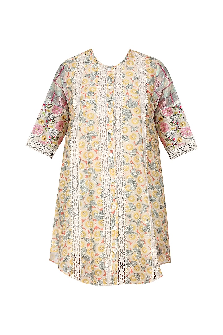 Yellow Floral and Plaid Print Short Dress by Niki Mahajan