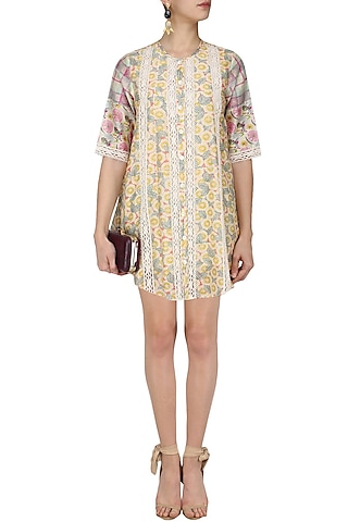 Yellow Floral and Plaid Print Short Dress by Niki Mahajan