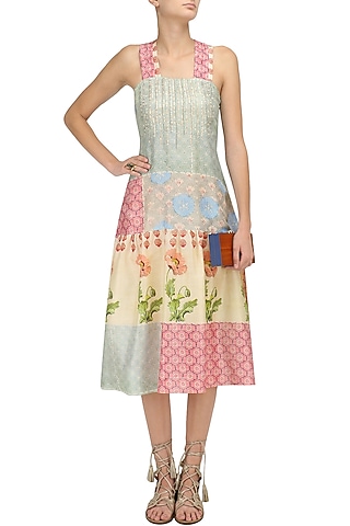 Grey, Beige and Pink Vintage Print Maxi Dress by Niki Mahajan