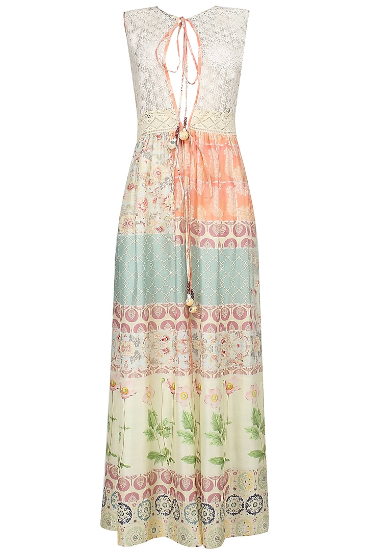 Ivory, Grey and Pink Vintage Print Maxi Dress by Niki Mahajan