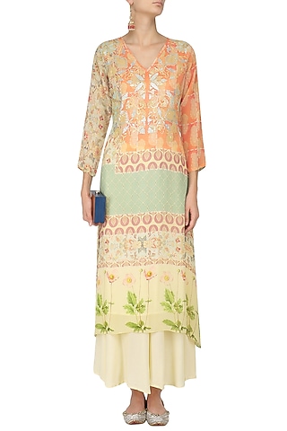 Coral Vintage Floral Print Long Kurta by Niki Mahajan