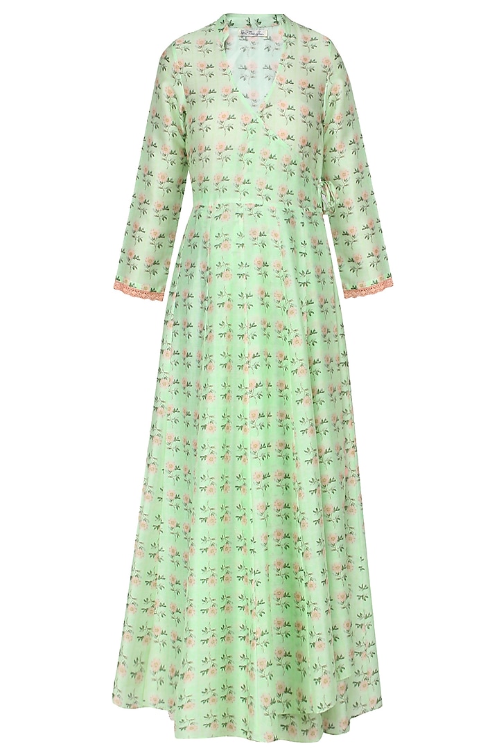 Green Vintage Floral Printed Motifs Wrap Dress by Niki Mahajan