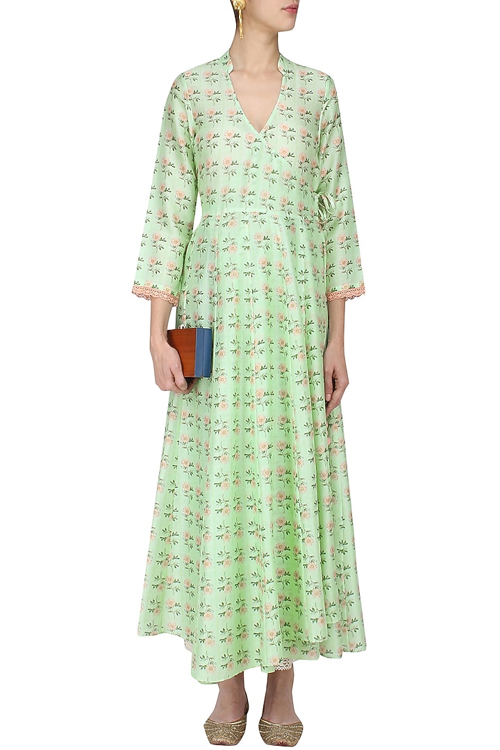 Green vintage floral printed motifs wrap dress available only at Pernia's Pop Up Shop.