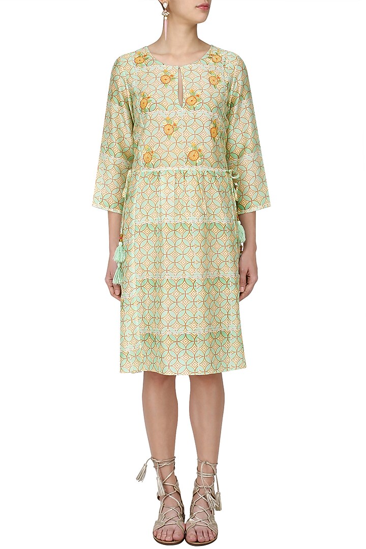 Green and orange floral print knee length dress available only at Pernia's Pop Up Shop.